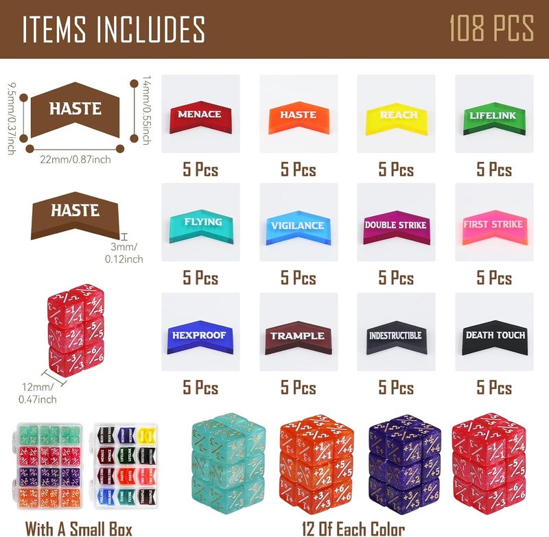 FIGURESLAB Store 108PCS MTG Keyword Counters Tokens & 12mm MTG Life Counter Dice Set for Magic Card with Box, Compatible with Magic CCG Card Gaming Accessories - Image 2